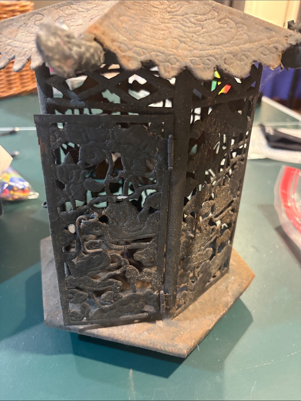 Decorative Black Metal Lantern with Intricate Cutwork